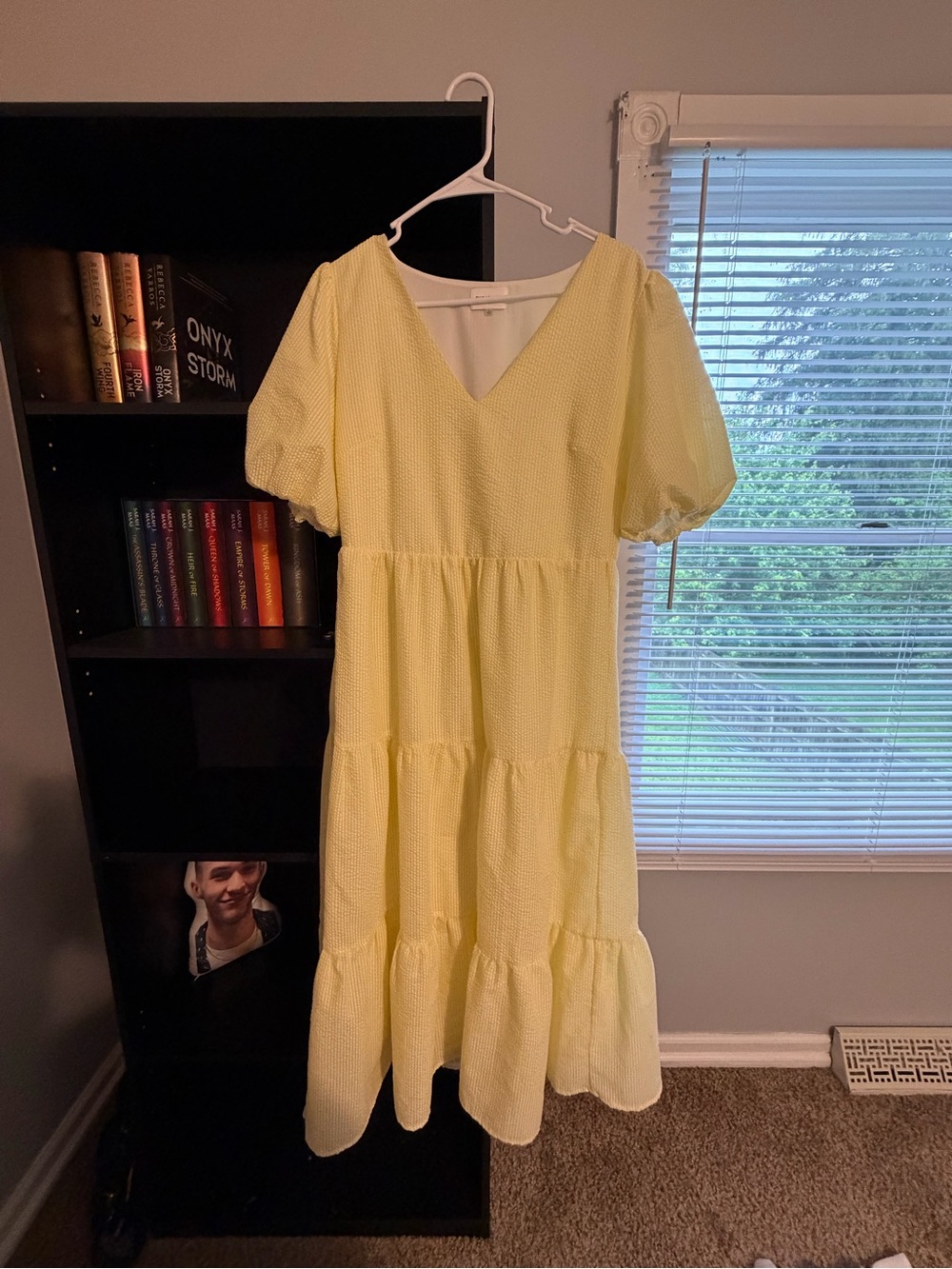 Yellow Puff-Sleeve Tiered V-Neck Dress